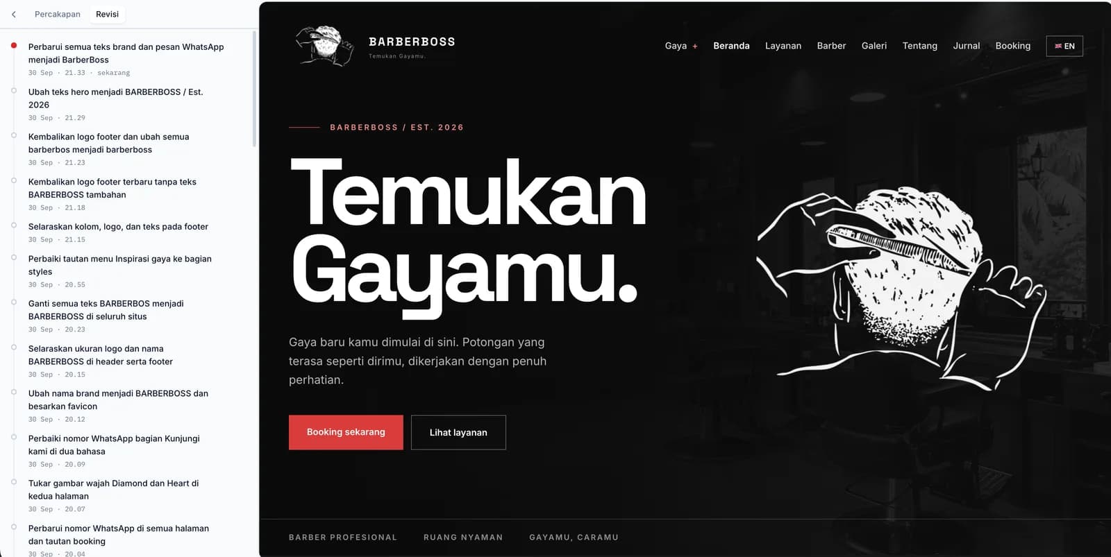 Panel riwayat revisi Web AI Builder: daftar perubahan berisi perintah dan waktunya di sebelah kiri, pratinjau versi lama situs di sebelah kanan