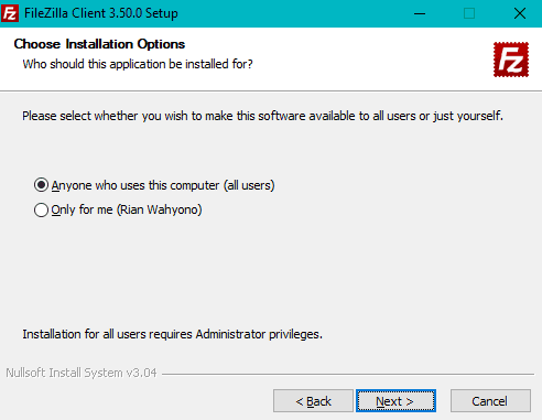 Pilihan Hak Akses Installasi FileZilla