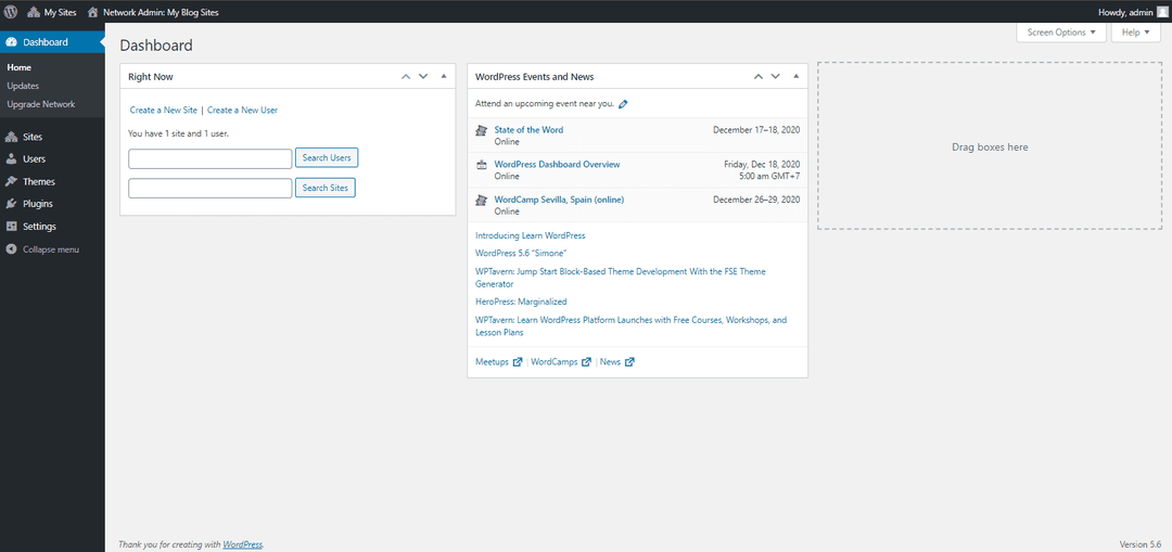 Tampilan Dashboard Super Admin Wordpress Multisite