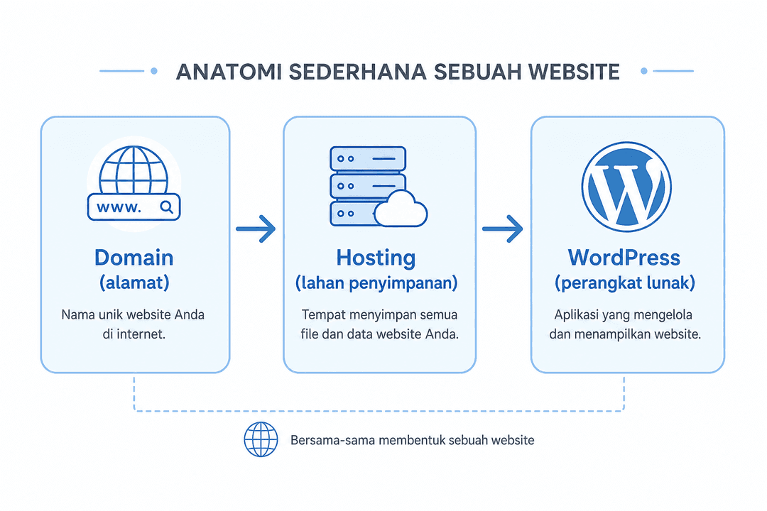 Diagram anatomi website: domain, hosting, dan WordPress terhubung panah.