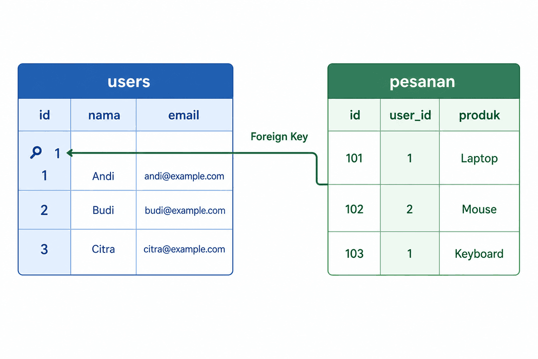 Diagram dua tabel berdampingan — tabel kiri "users" dengan kolom id, nama, email; tabel kanan "pesanan" dengan kolom id