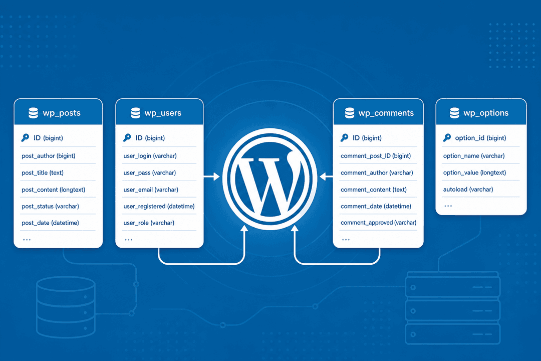 Mockup struktur database WordPress — beberapa kotak berlabel "wp_posts", "wp_users", "wp_comments", "wp_options" berderet
