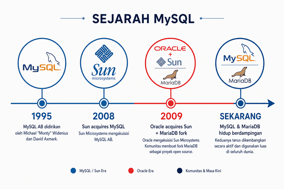 Timeline horizontal sejarah MySQL — titik 1995 dengan ikon MySQL logo asli, titik 2008 "Sun acquires MySQL", titik 2009