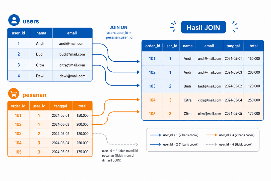 Visualisasi konsep JOIN — dua kotak tabel terpisah berisi data sample (users dan pesanan), di sebelahnya tabel hasil yang